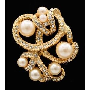 Goldette Vintage Pin Brooch Rhinestone Crystal Pearl Gold Tone Signed 40s BinBA